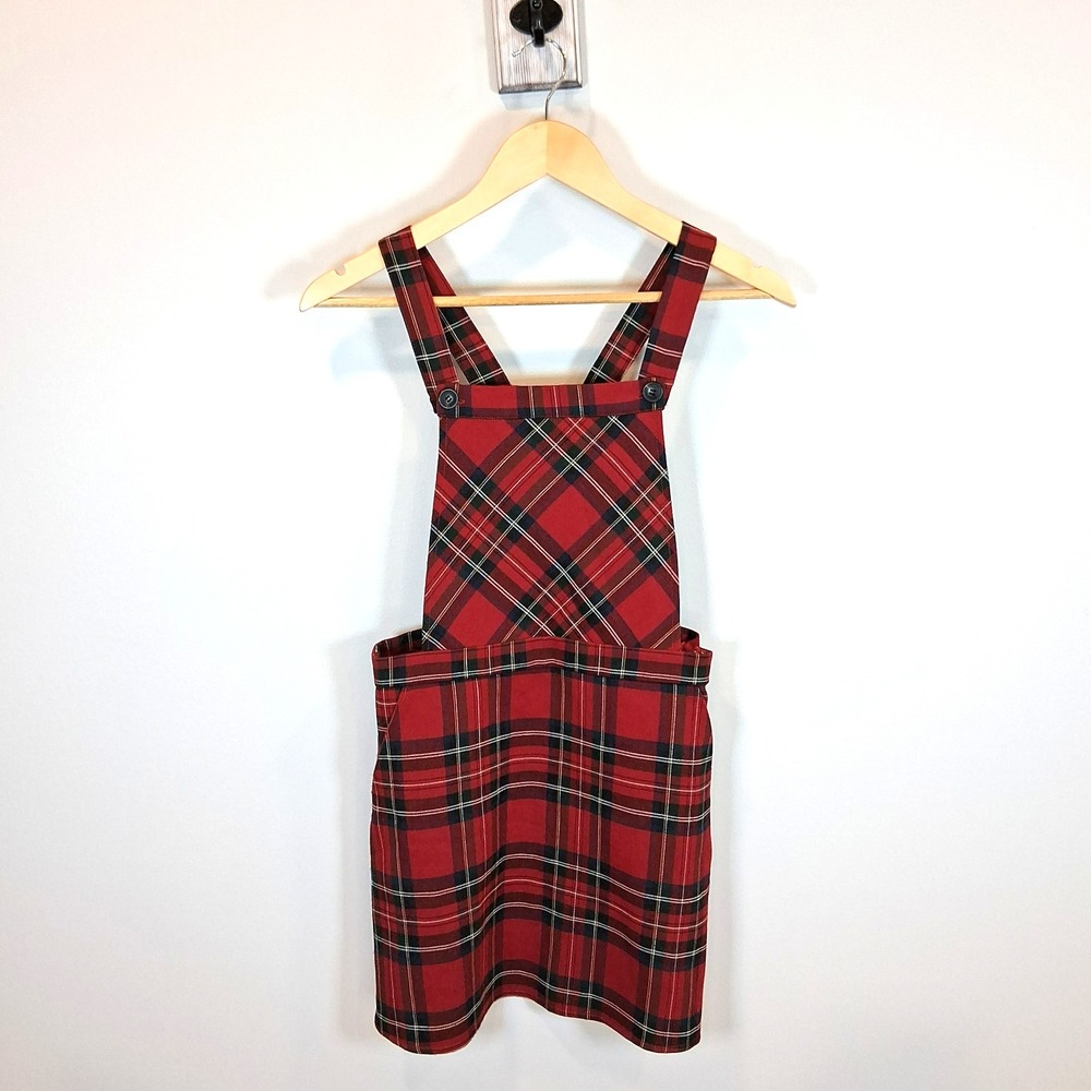 Forever 21 Red Plaid Bib Overall Dress Size S Dark Academia School Girl Preppy - Picture 1 of 14